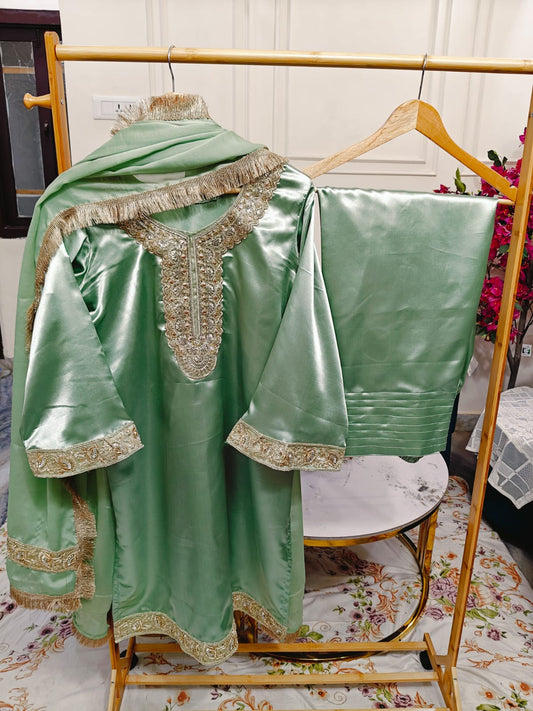 Elegant Trending Farsi Shalwar Outfit – Embroidered Satin Finish | Pakistani Style