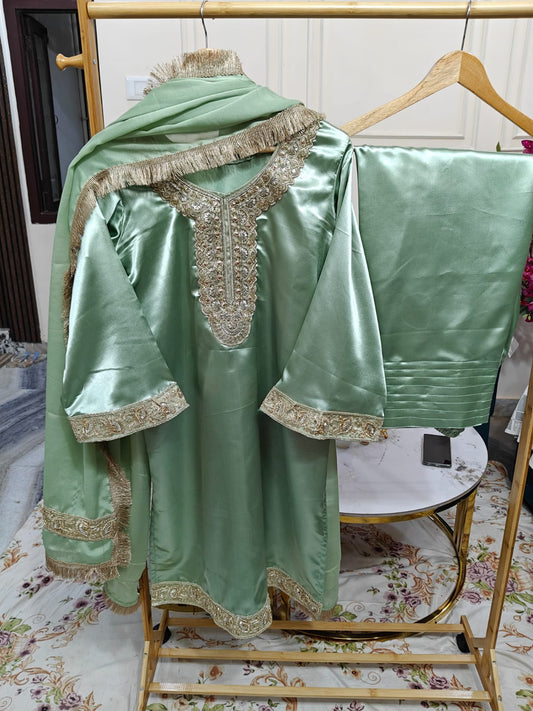 Elegant Trending Farsi Shalwar Outfit – Embroidered Satin Finish | Pakistani Style