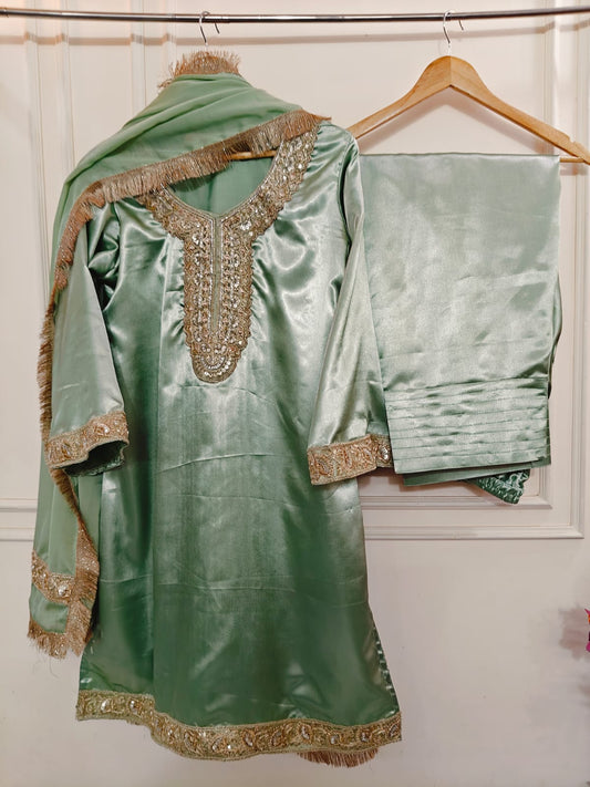 Elegant Trending Farsi Shalwar Outfit – Embroidered Satin Finish | Pakistani Style